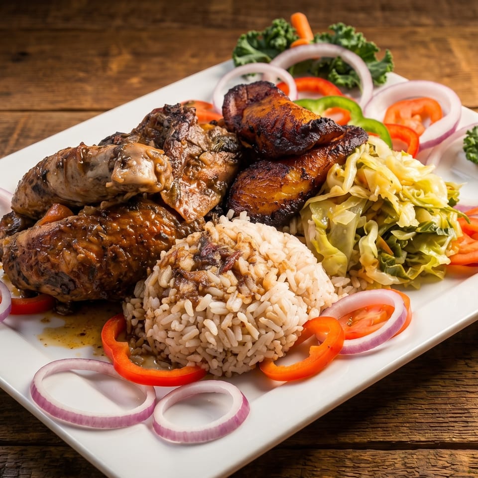 A white rectangular plate of jerk chicken, rice, and vegetables on a wooden table.