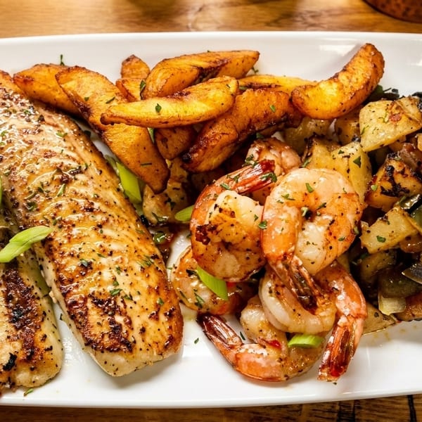 Grilled fish fillets, shrimp, potato wedges, and mixed vegetables on a white plate.