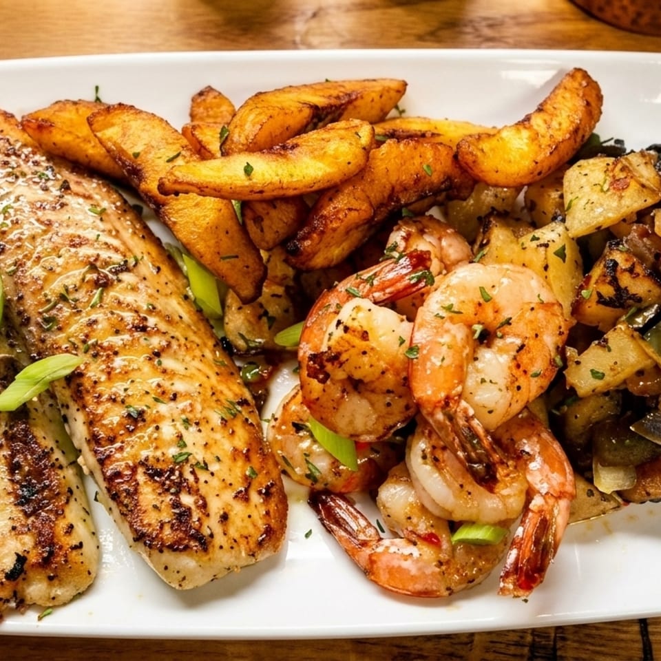 Grilled fish fillets, shrimp, potato wedges, and mixed vegetables on a white plate.