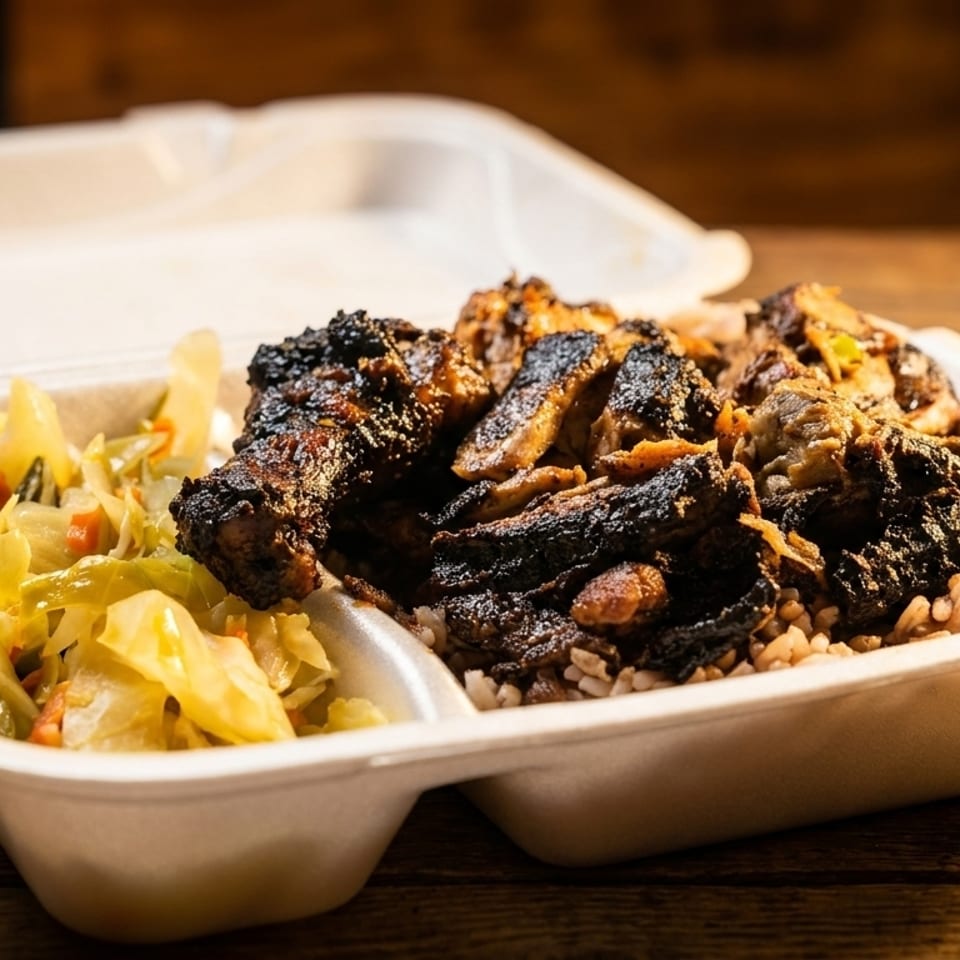 Jerk chicken, rice, and cabbage in a white takeout container on a wooden table.