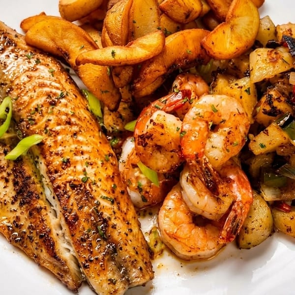 Grilled fish fillet with shrimp, potato wedges, and sautéed vegetables on a white plate.