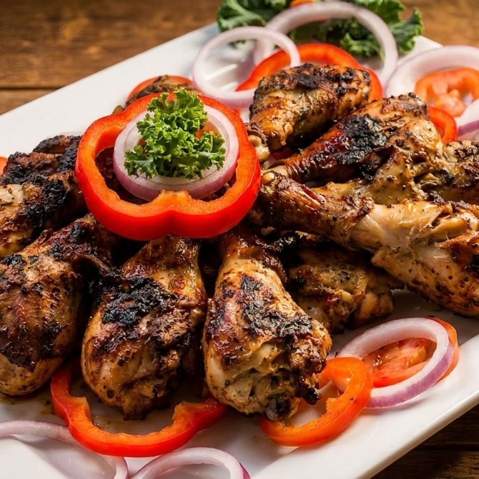 Grilled chicken drumsticks garnished with red bell pepper, red onion, tomatoes, and kale on a white platter.