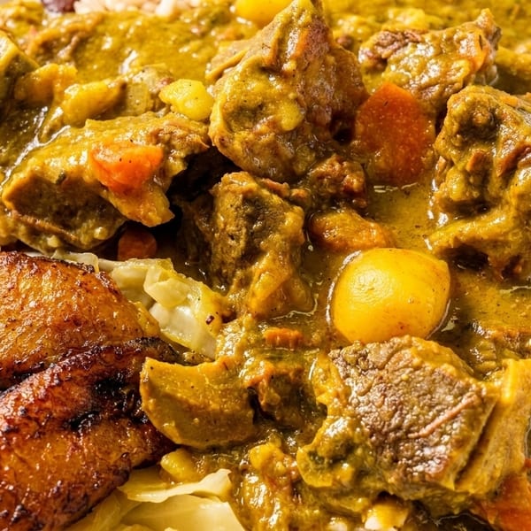 Curried goat with rice, cabbage, and fried plantains in a white takeout container.