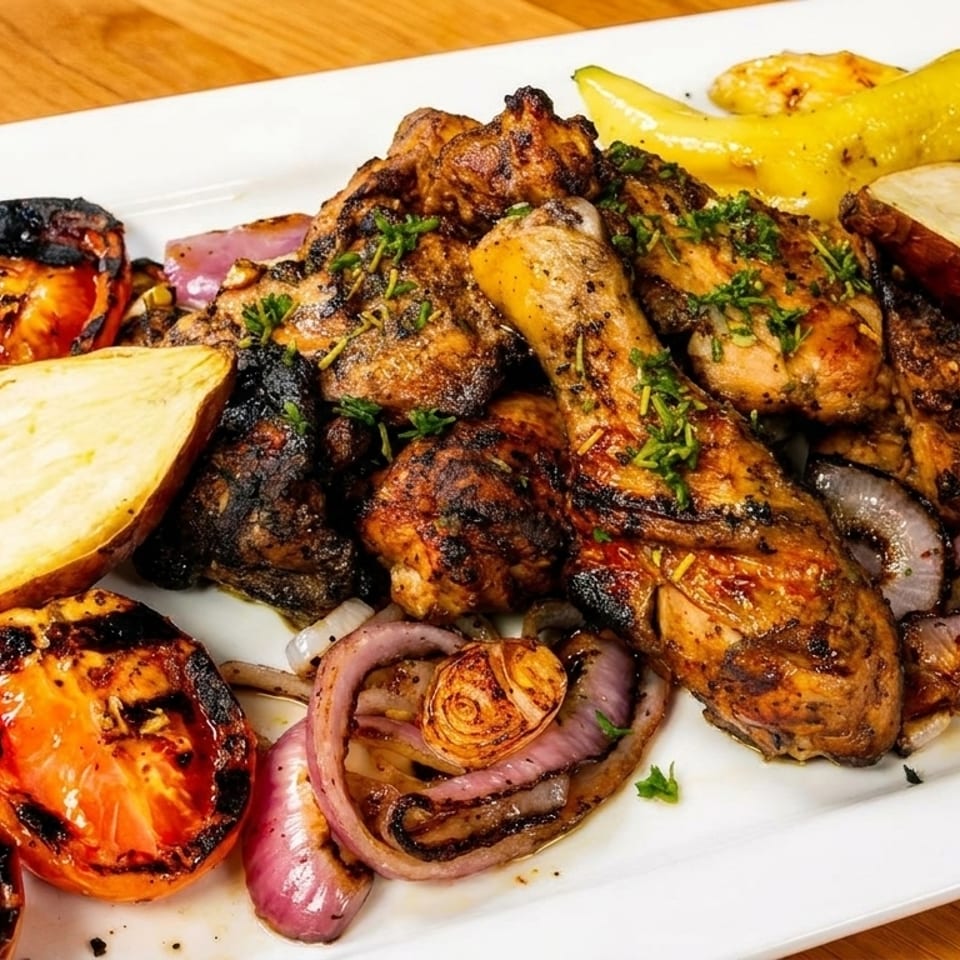 Grilled chicken pieces, sweet potatoes, tomatoes, onions, and yellow peppers on a white platter.